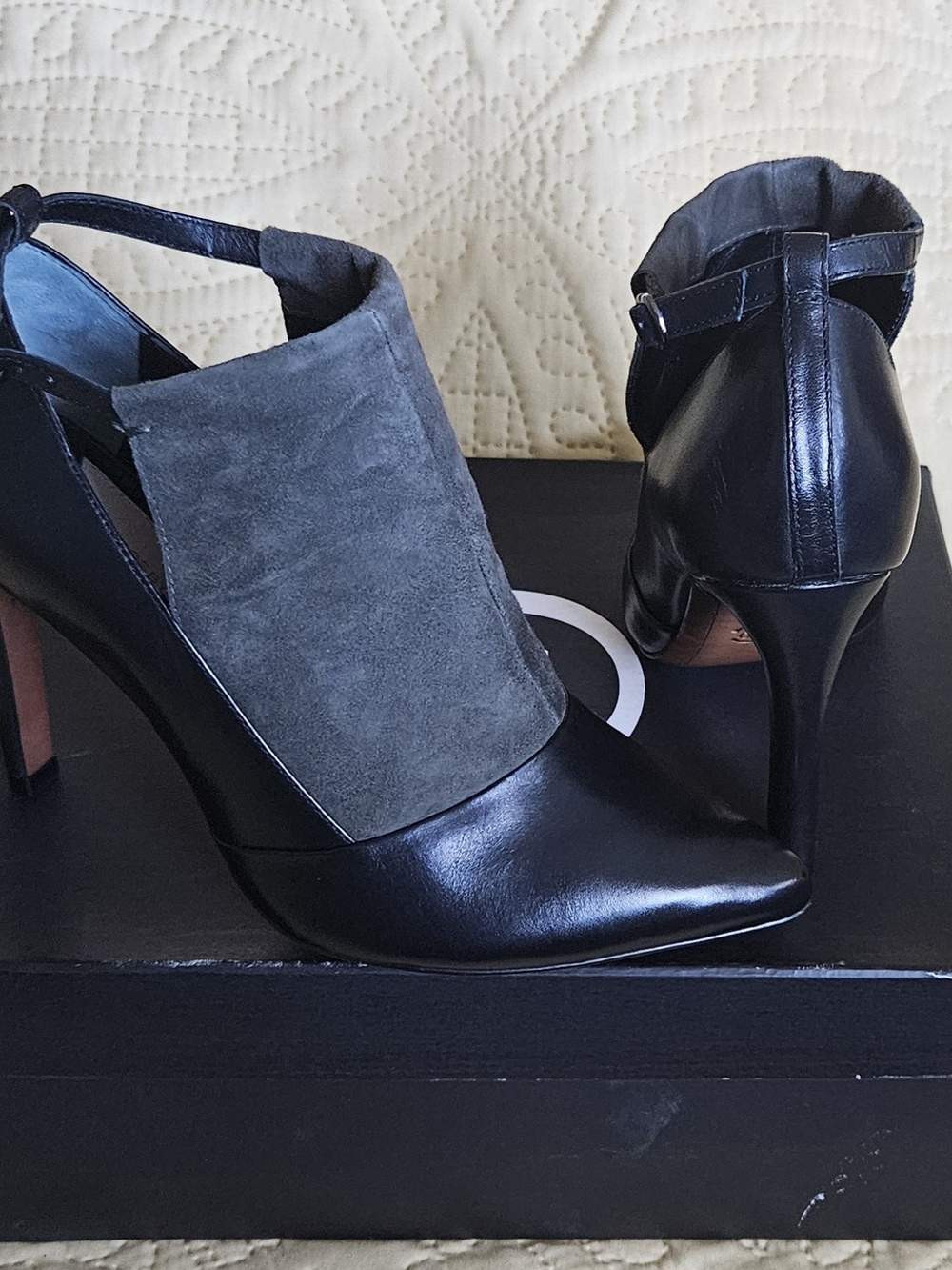 Derek Lam Black Leather and Gray Suede Pointed-Toe Ankle-Strap Heels